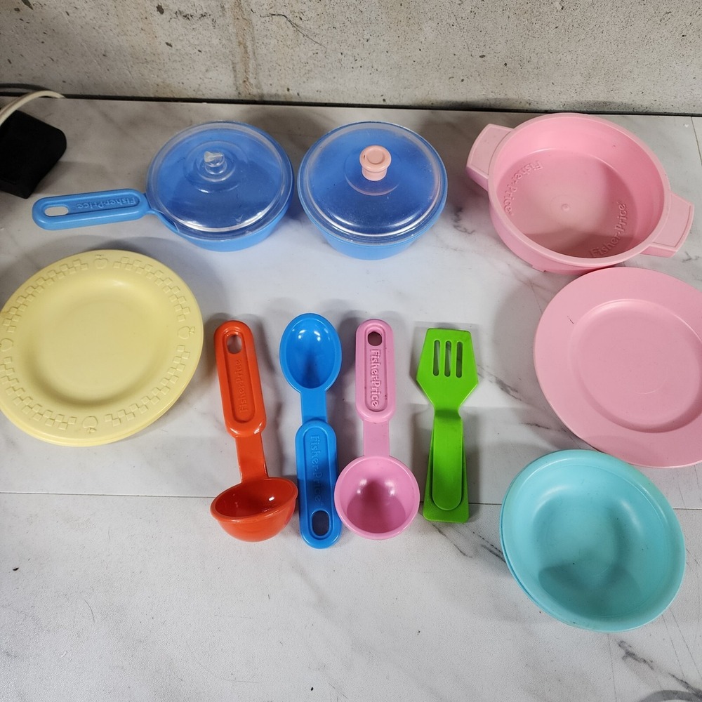 vtg Fisher Price Plates Play Skillet Pan ‎ Spoons Spatula Utensils